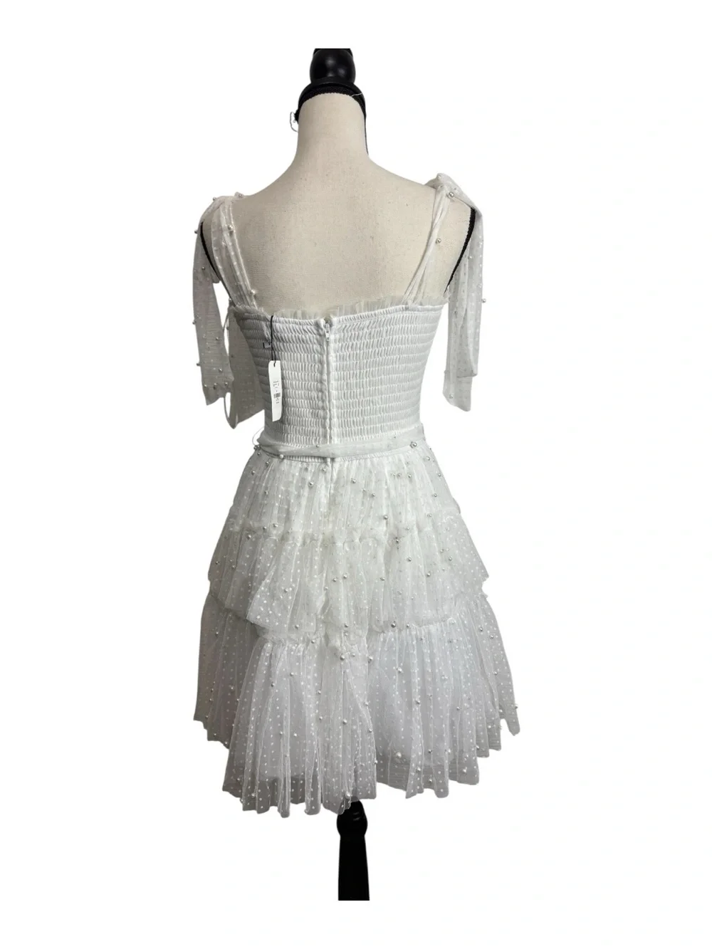 Francesca's Collections White Tie-Shoulder Tulle Pearl Mini Dress Medium - Picture 5 of 7